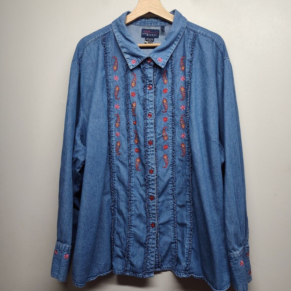 CST Blues Vintage Denim Shirt Women 2X Blue Paisley Beaded Retro 90s Novelty